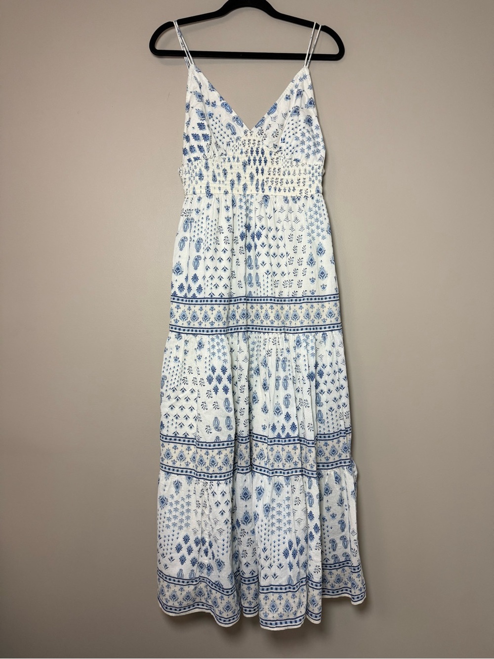 Bila 77 Cotton Blue & Ivory Smocked Tiered Maxi Dress L